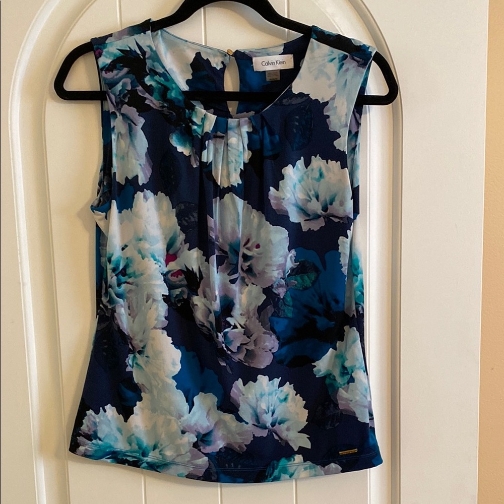 Calvin Klein Blue Fitted Blouse with Abstract Floral Design